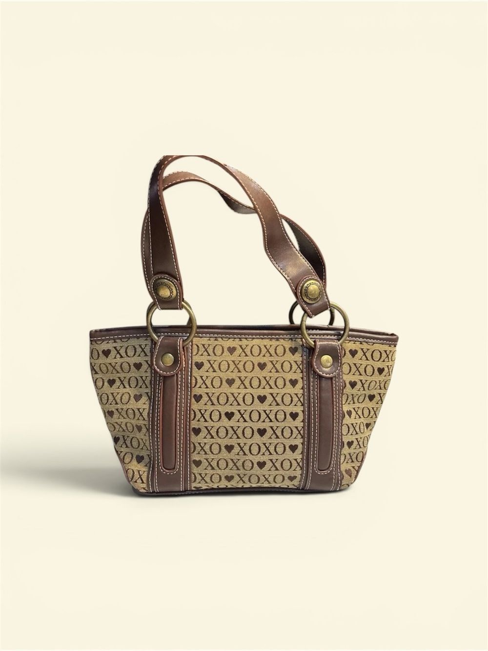 Vintage Y2K era Brown XOXO Patterned Tote Bag with Leather Trim